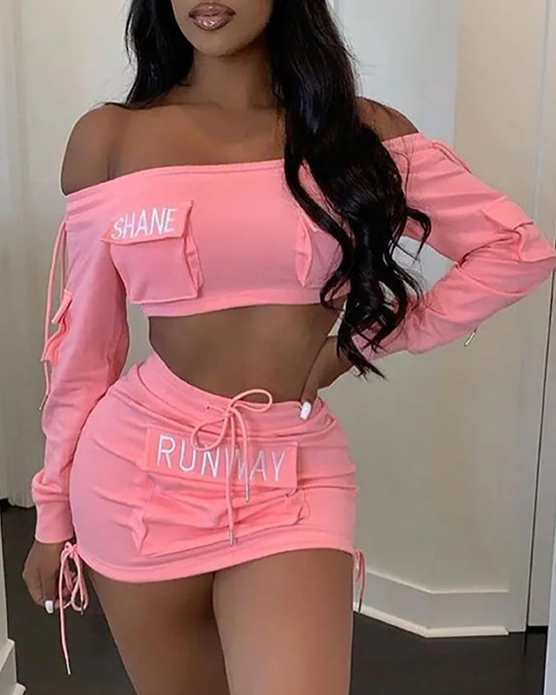Two Piece Set Women Outfit Summer Pocket Design Long Sleeved Crop Top & Drawstring High Waist Mini Skirt Set