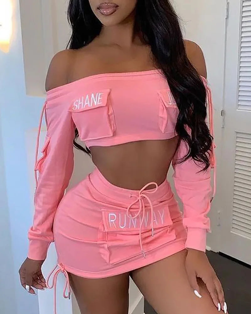 Two Piece Set Women Outfit Summer Pocket Design Long Sleeved Crop Top & Drawstring High Waist Mini Skirt Set