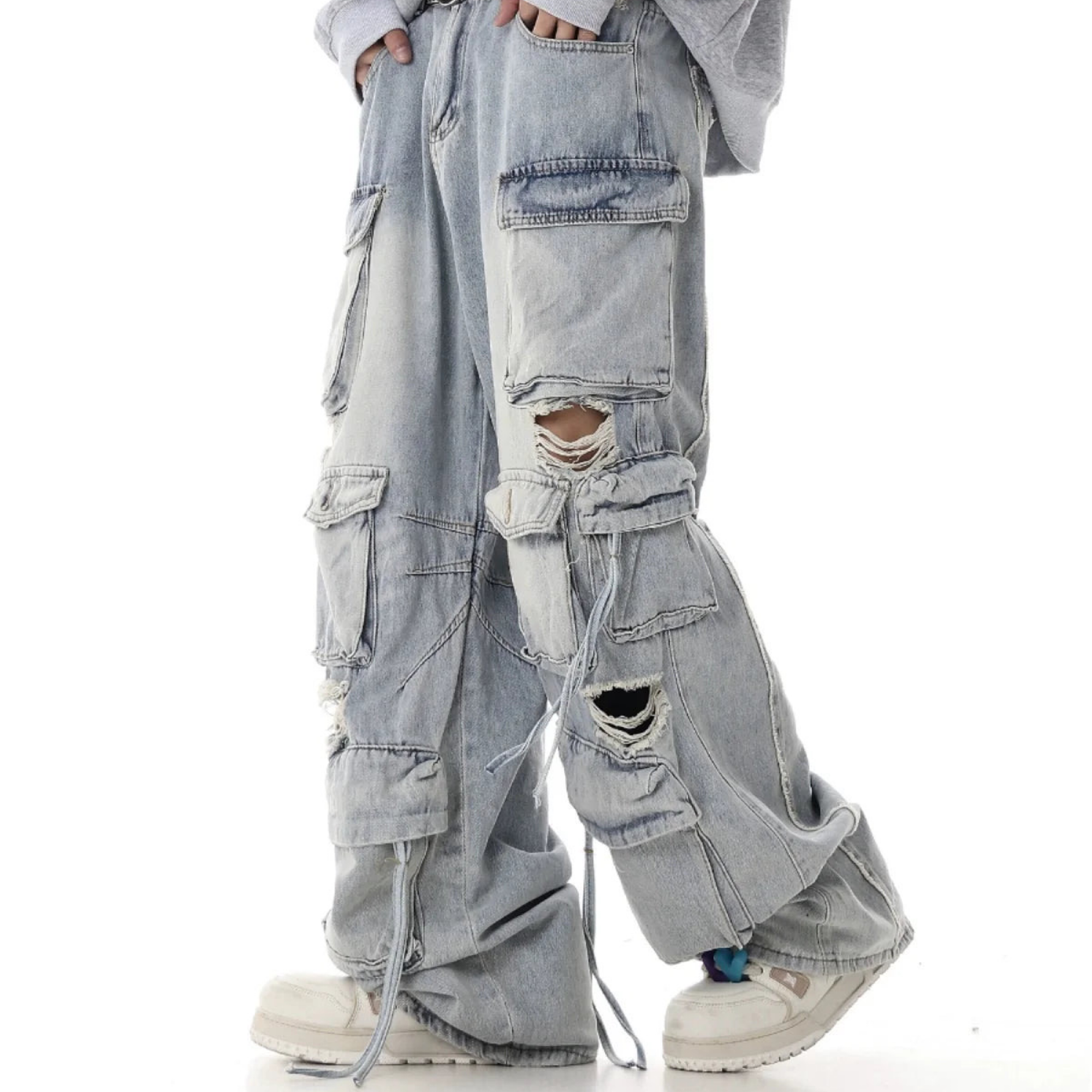 Hip Hop Streetwear Pants for Men Distressed Ripped Jeans
