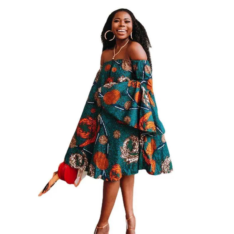 African Plus Size Women's Clothing Temperament Commute off-Shoulder Bell Sleeve Print Dress Africa Dress Skirt