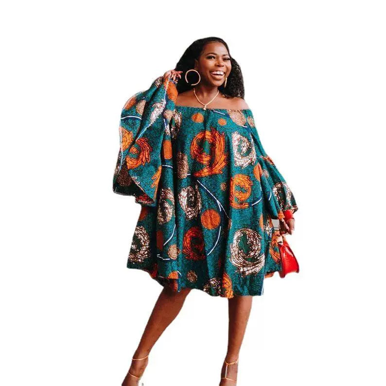 African Plus Size Women's Clothing Temperament Commute off-Shoulder Bell Sleeve Print Dress Africa Dress Skirt