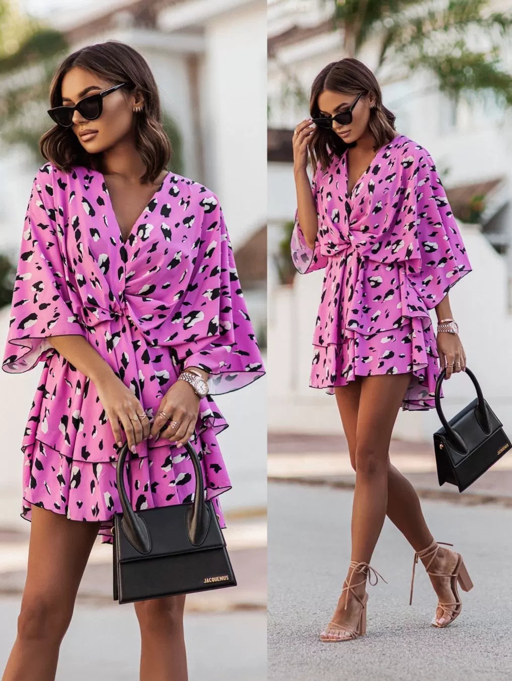 Fashion Summer New V Neck Big Flower Print Elastic High Waist Slimming Western Style Pleated Short Sleeves Dress Female Dress