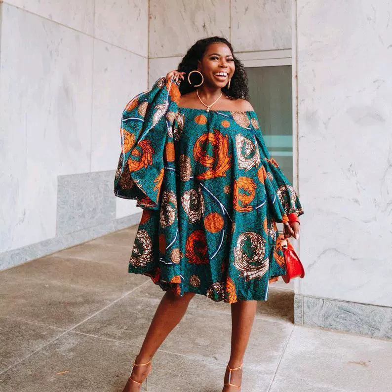 African Plus Size Women's Clothing Temperament Commute off-Shoulder Bell Sleeve Print Dress Africa Dress Skirt