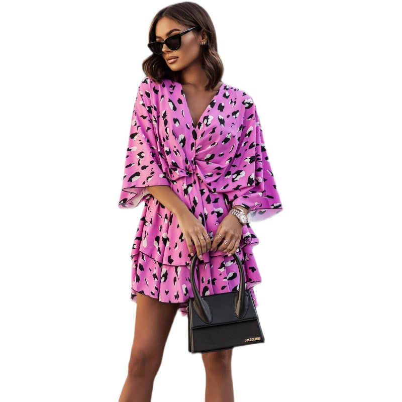 Fashion Summer New V Neck Big Flower Print Elastic High Waist Slimming Western Style Pleated Short Sleeves Dress Female Dress