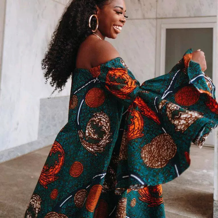 African Plus Size Women's Clothing Temperament Commute off-Shoulder Bell Sleeve Print Dress Africa Dress Skirt