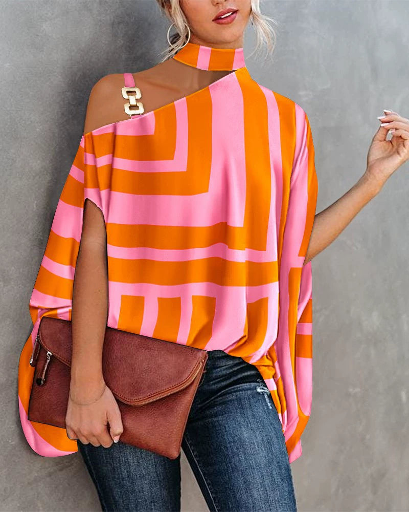 Summer Loose Shoulder Print Tops Halterneck