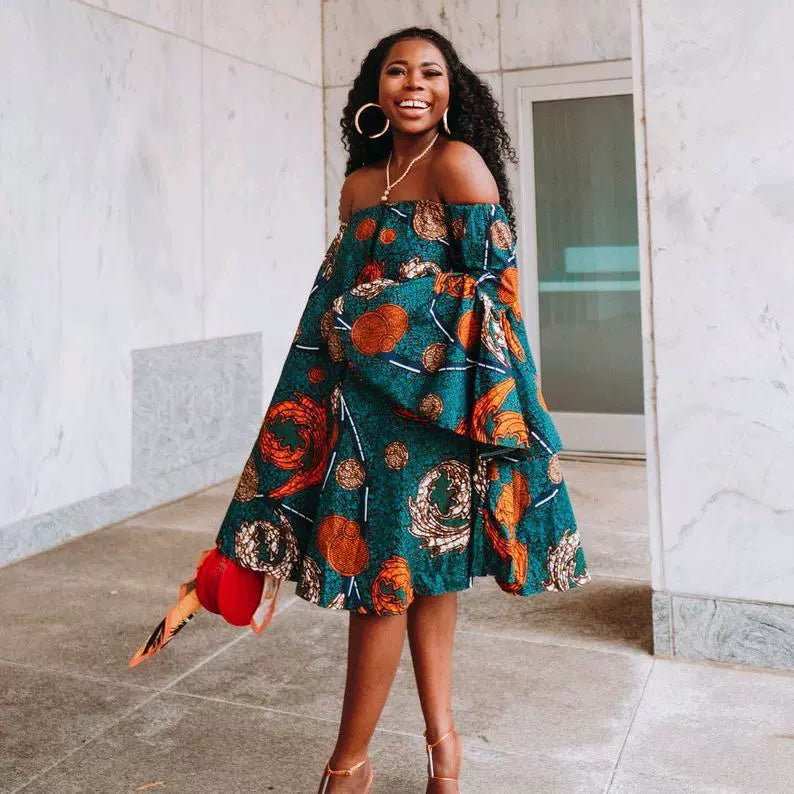 African Plus Size Women's Clothing Temperament Commute off-Shoulder Bell Sleeve Print Dress Africa Dress Skirt