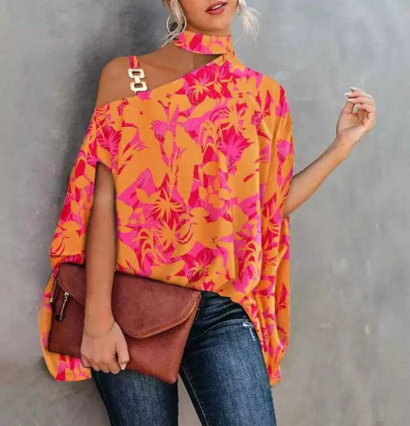 Summer Loose Shoulder Print Tops Halterneck