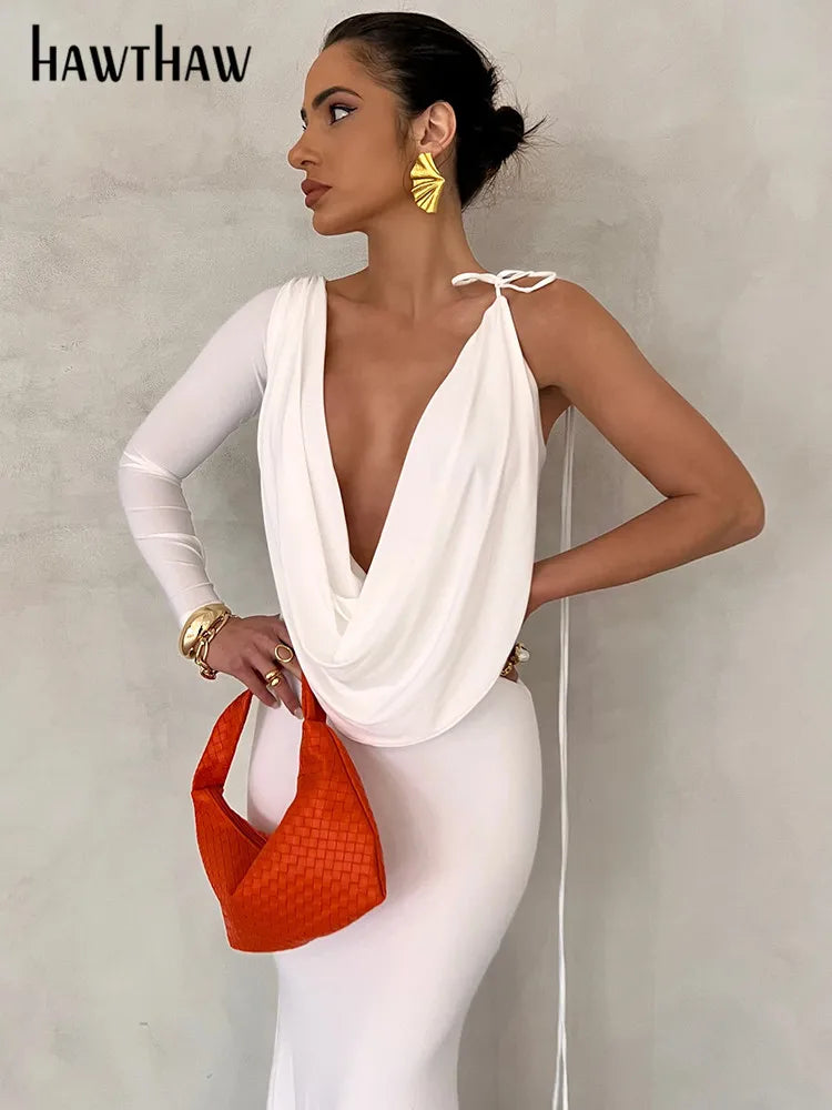Women Elegant Long Sleeve Party Club Evening Bodycon White Long Dress 2025 Fall Clothing