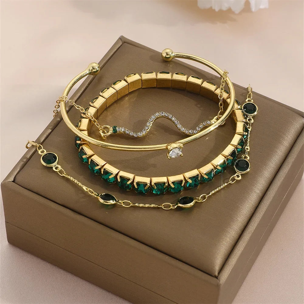 4Pcs/Set Fashion Snake Green Metal Bracelet For Women
