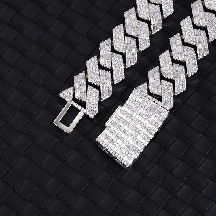Classic 22mm Wide Baguette Diamond Bracelet S925 Silver Moissanite Jewelry Luxury Cuban Chain Hip Hop Necklace