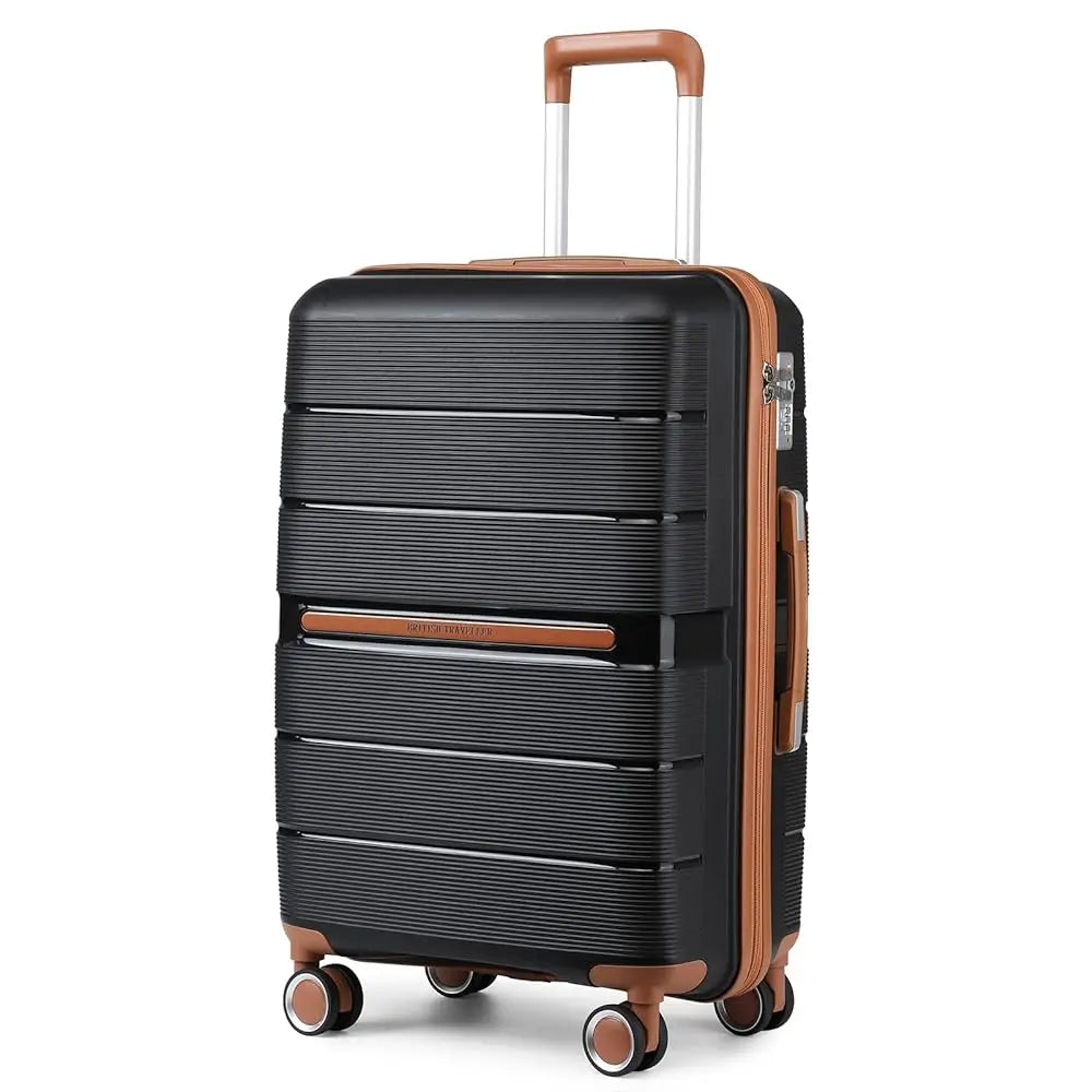 British Traveller Hard Case 100% PP Material hand luggage 8 Spinner Wheels TSA Lock Beige suitcase Trolley