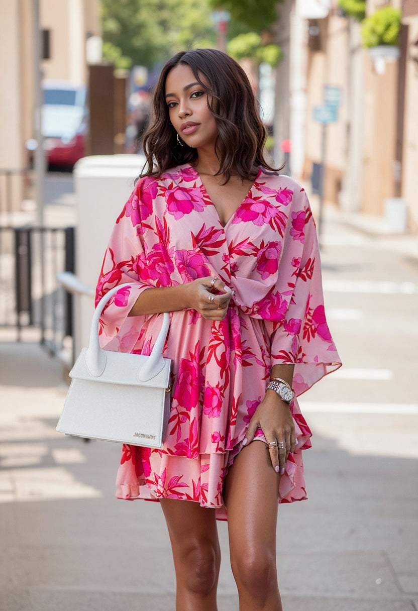 Fashion Summer New V Neck Big Flower Print Elastic High Waist Slimming Western Style Pleated Short Sleeves Dress Female Dress