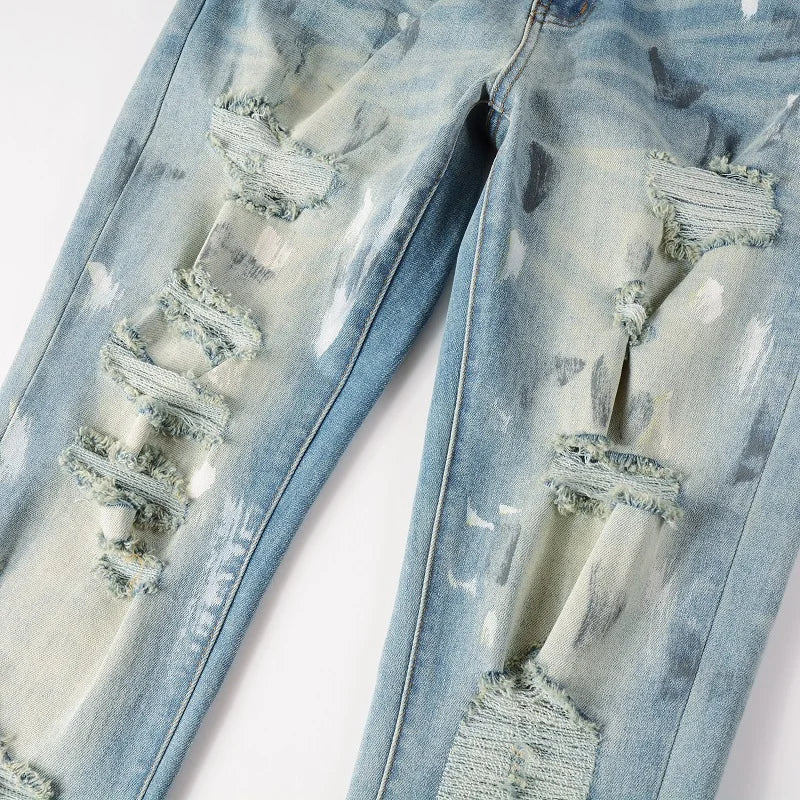 Denim Jeans Streetwear Distressed Painted Skinny Tapered Pants Vintage Trousers