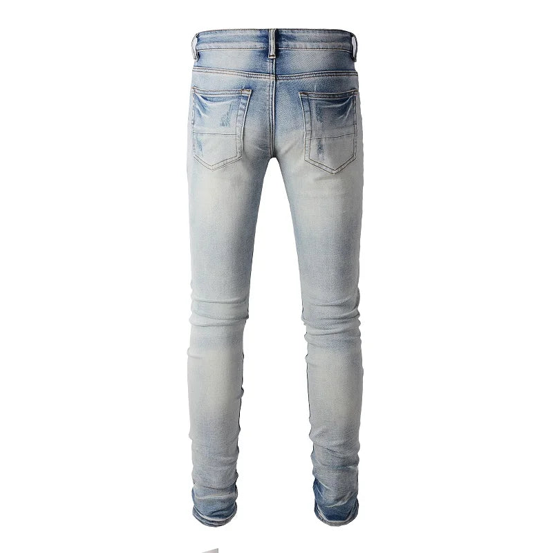 High Stretch Denim Pants Holes Ripped Distressed Trousers Skinny Jeans Men's