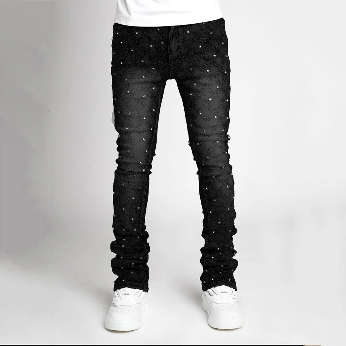 Hip hop High Street Designer Stacked Jeans For Men Slim Fit Stretchy Pearls Designer Jeans