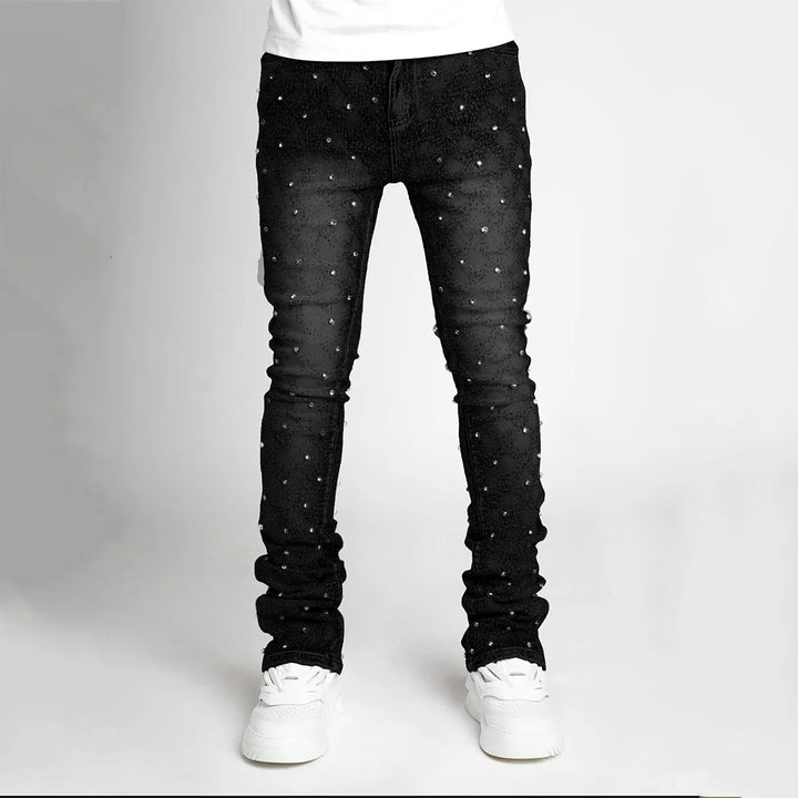Hip hop High Street Designer Stacked Jeans For Men Slim Fit Stretchy Pearls Designer Jeans
