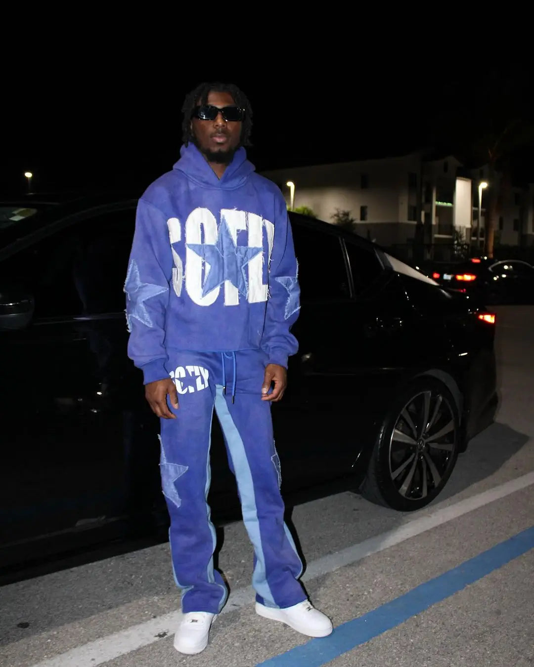 American Street Front and Back Patch Letter Print Suit Loose Hooded Sweater Straight Leg Sweatpants