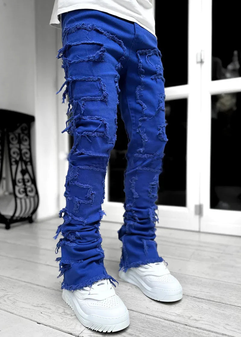 High Street Stacked Denim Full Length Pants Hip-pop Trousers For Men