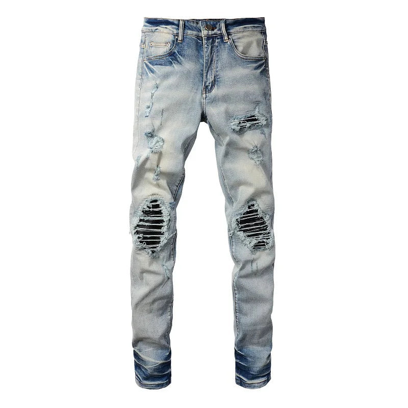 High Stretch Denim Pants Holes Ripped Distressed Trousers Skinny Jeans Men's