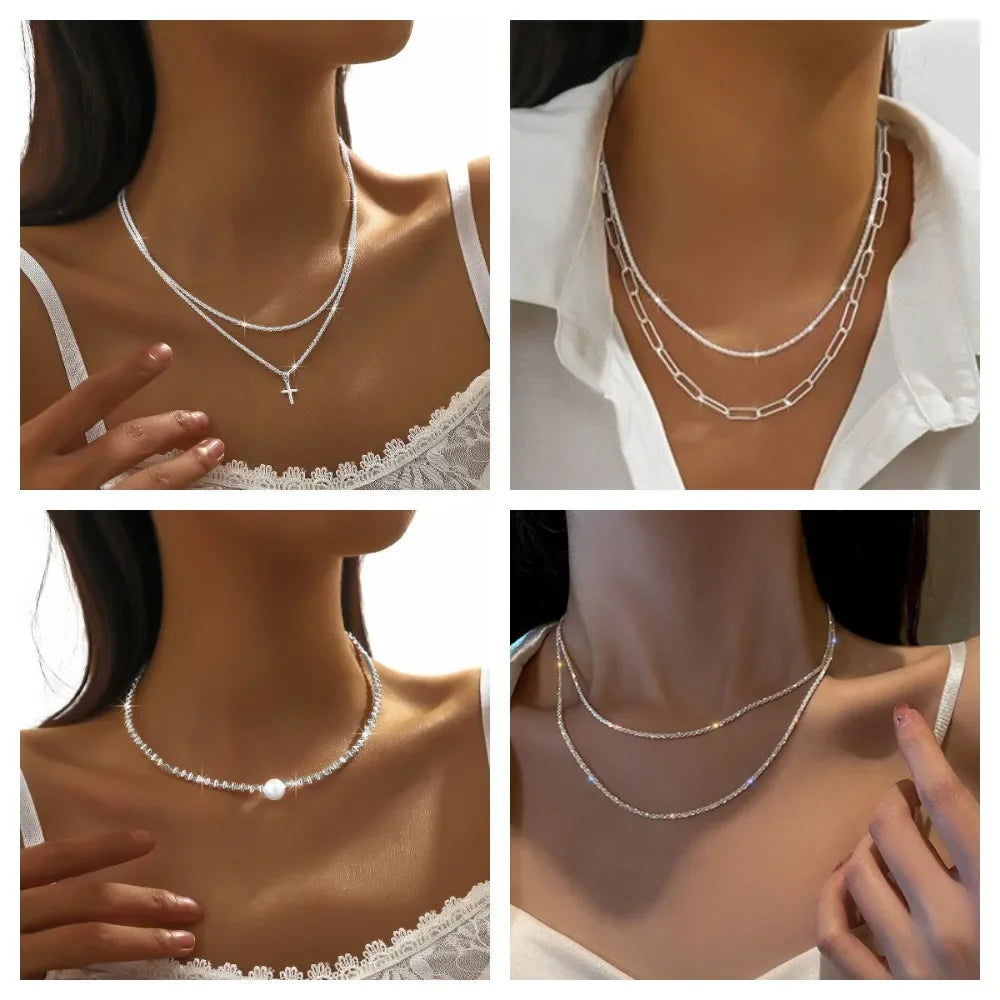 Classic Simple Shiny Double Layer Pendant Cross Pendant Necklace for Women