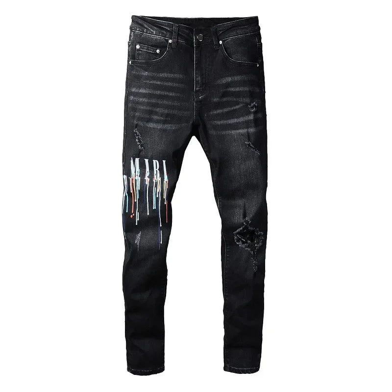 Latest Designer Street Fashion Men's Washed Black Jeans with Elastic Tight Fit