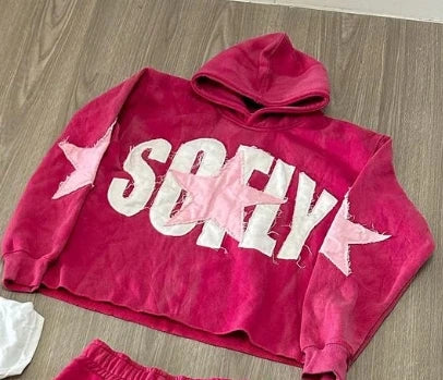 American Street Front and Back Patch Letter Print Suit Loose Hooded Sweater Straight Leg Sweatpants