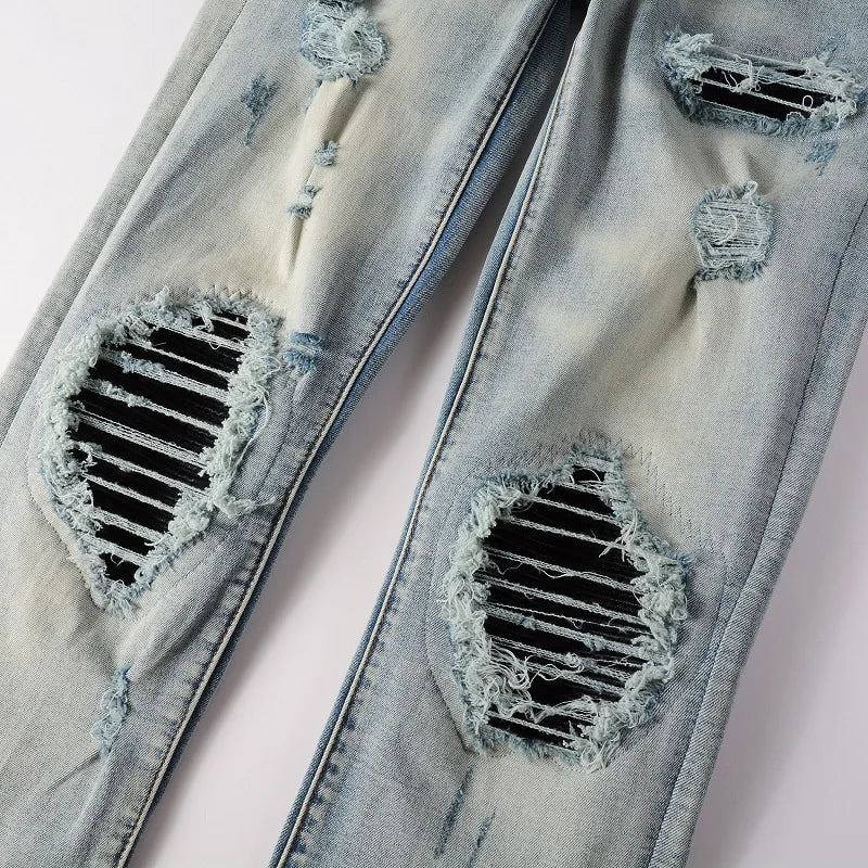 High Stretch Denim Pants Holes Ripped Distressed Trousers Skinny Jeans Men's