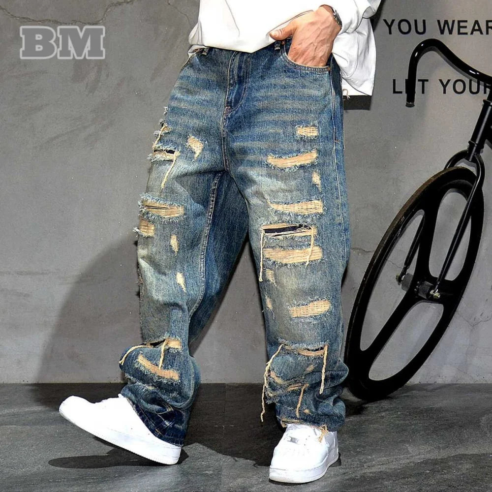 Denim Streetwear Skateboard Pants Straight Leg Patchwork Oversized Urban Fashion