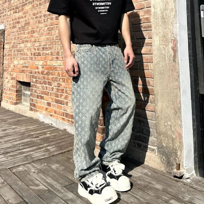 American hip-hop trend, casual street wear, men's retro loose high-end denim pants