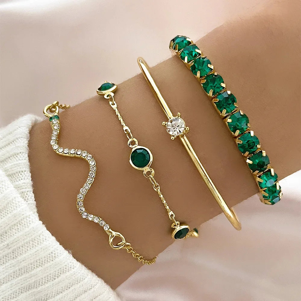 4Pcs/Set Fashion Snake Green Metal Bracelet For Women
