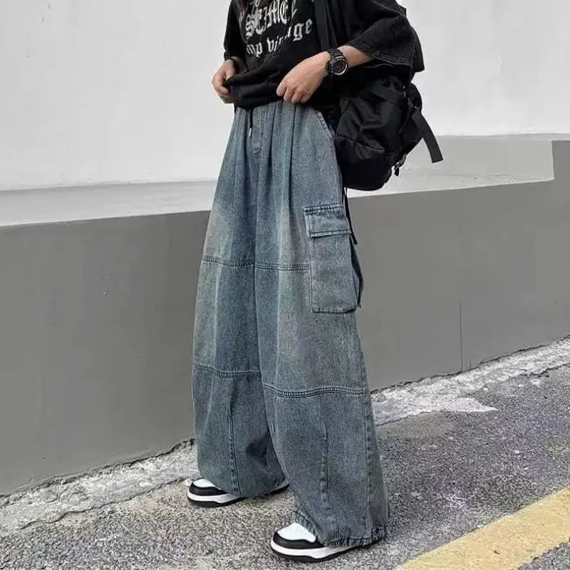 Street Men Baggy Jeans Men Wide Leg Pants Big Pockets Elastic Waist Streetwear