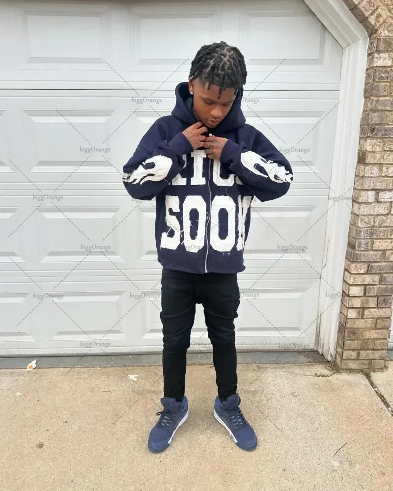 European and American Fashion Zipper Sweatshirt Men Y2k Trendy Letter Embroidery Oversized Hoodie Street Hip-hop Clothing Women