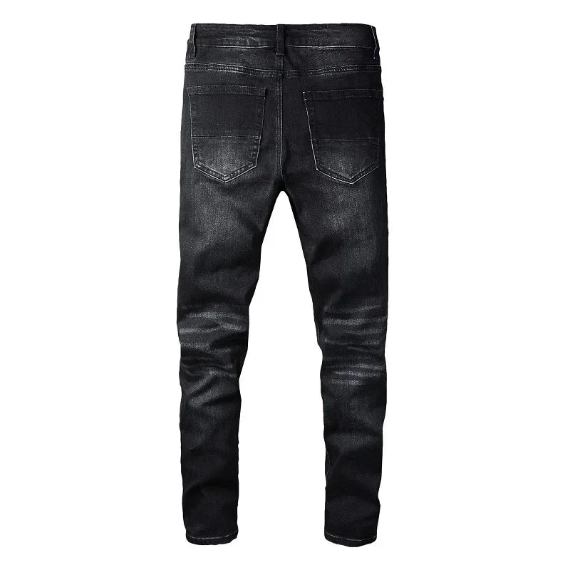 Latest Designer Street Fashion Men's Washed Black Jeans with Elastic Tight Fit