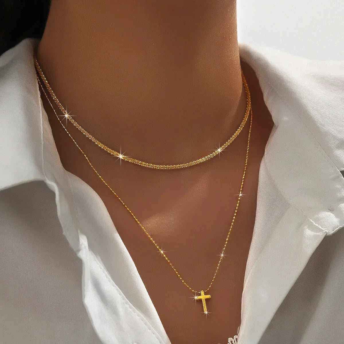 Classic Simple Shiny Double Layer Pendant Cross Pendant Necklace for Women