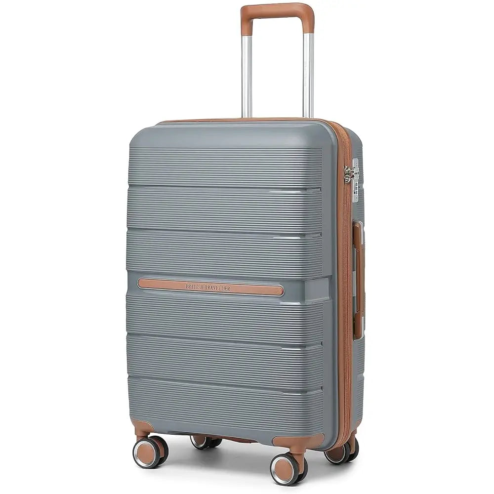 British Traveller Hard Case 100% PP Material hand luggage 8 Spinner Wheels TSA Lock Beige suitcase Trolley