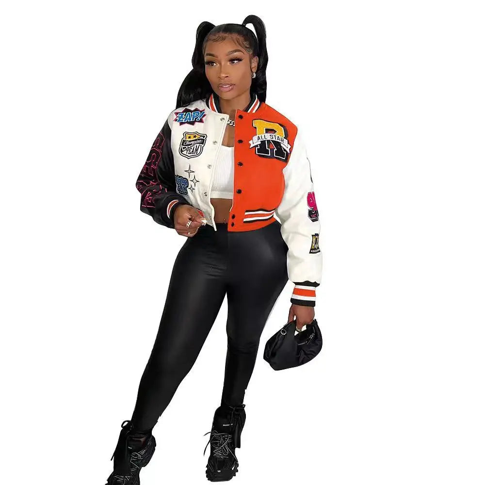 Women Coat Cropped Top Jacket Patchwork Outerwear varsity jacket