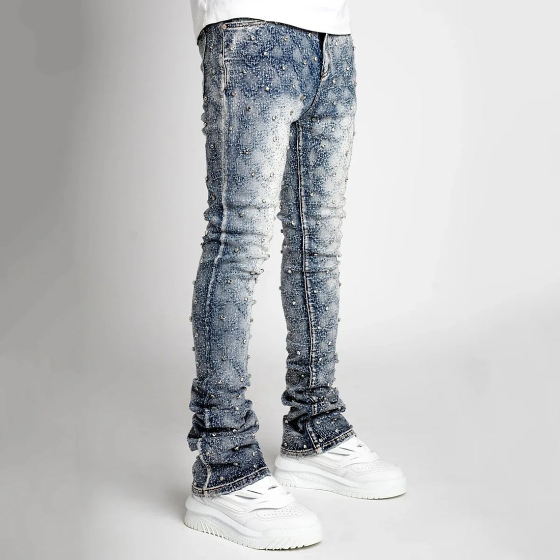 Hip hop High Street Designer Stacked Jeans For Men Slim Fit Stretchy Pearls Designer Jeans