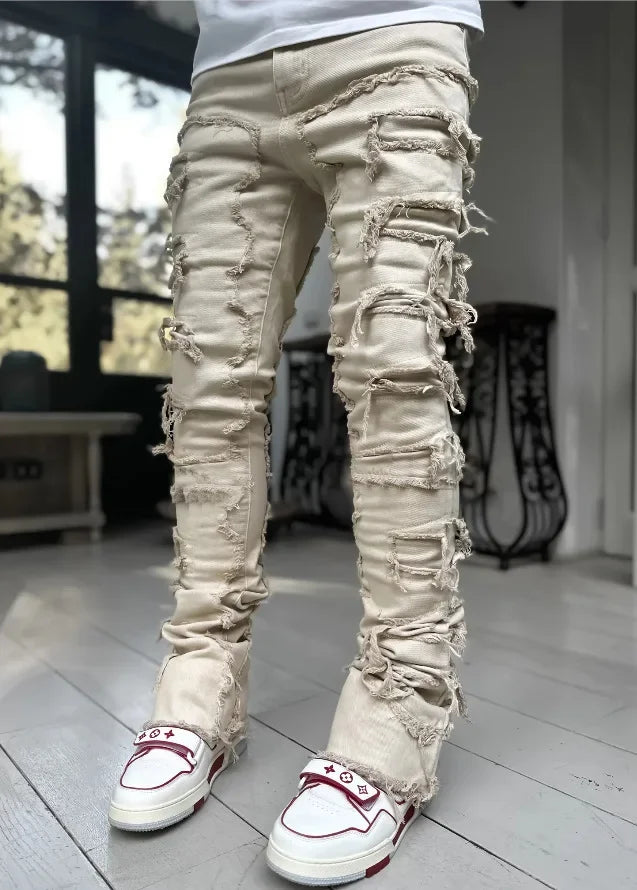 High Street Stacked Denim Full Length Pants Hip-pop Trousers For Men