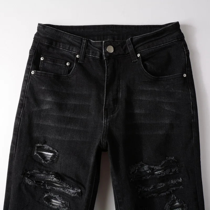 Latest Designer Street Fashion Men's Washed Black Jeans with Elastic Tight Fit
