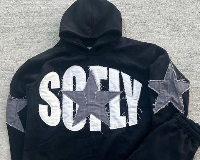 American Street Front and Back Patch Letter Print Suit Loose Hooded Sweater Straight Leg Sweatpants