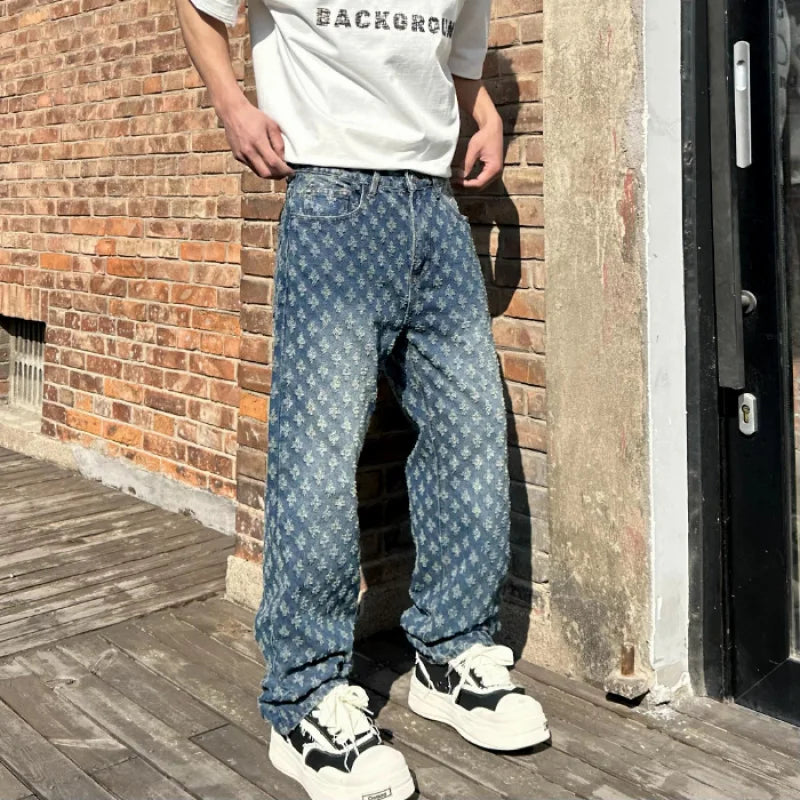 American hip-hop trend, casual street wear, men's retro loose high-end denim pants