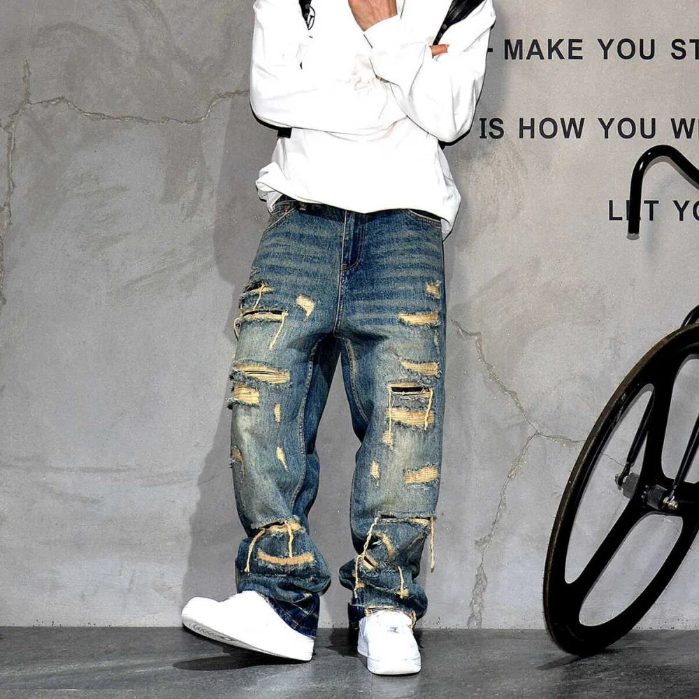 Denim Streetwear Skateboard Pants Straight Leg Patchwork Oversized Urban Fashion