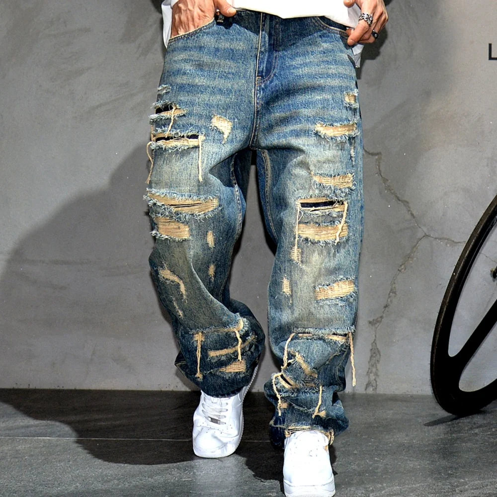 Denim Streetwear Skateboard Pants Straight Leg Patchwork Oversized Urban Fashion