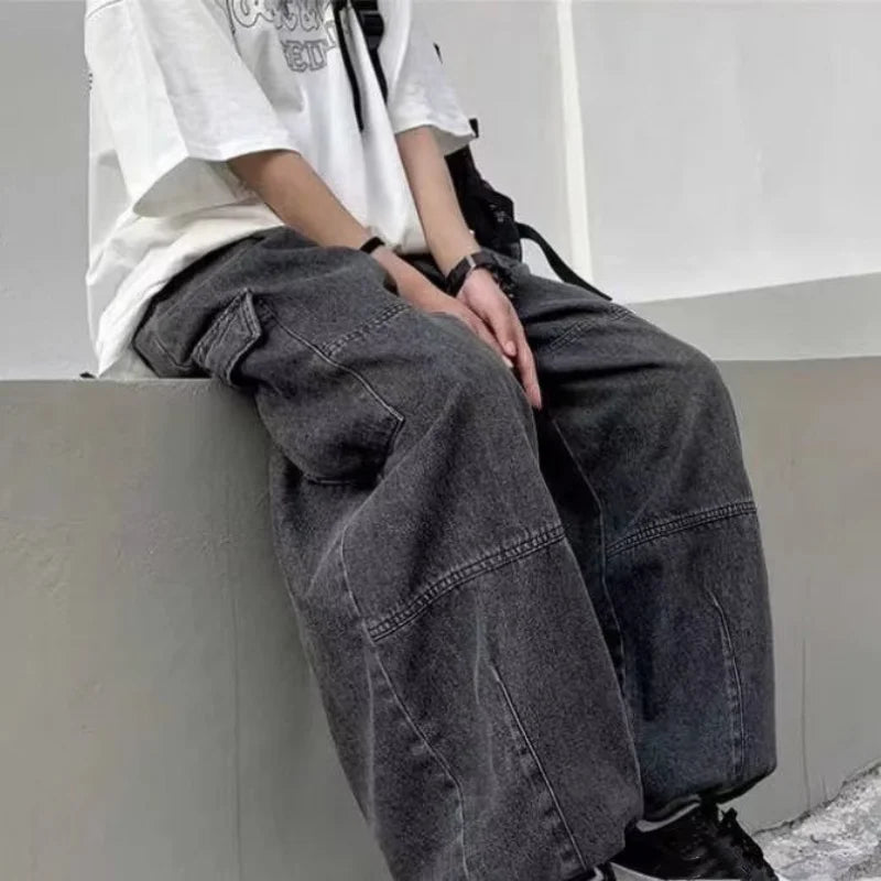 Street Men Baggy Jeans Men Wide Leg Pants Big Pockets Elastic Waist Streetwear