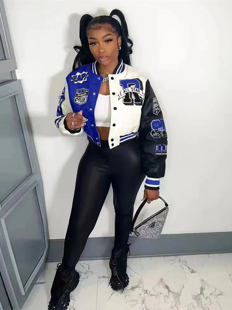 Women Coat Cropped Top Jacket Patchwork Outerwear varsity jacket