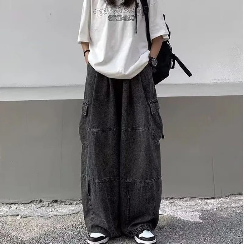 Street Men Baggy Jeans Men Wide Leg Pants Big Pockets Elastic Waist Streetwear