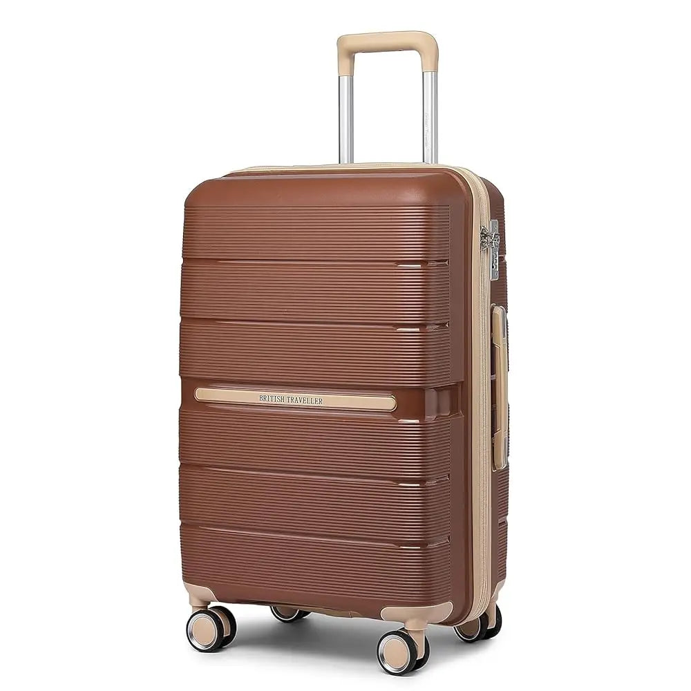 British Traveller Hard Case 100% PP Material hand luggage 8 Spinner Wheels TSA Lock Beige suitcase Trolley