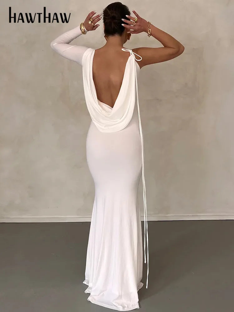 Women Elegant Long Sleeve Party Club Evening Bodycon White Long Dress 2025 Fall Clothing