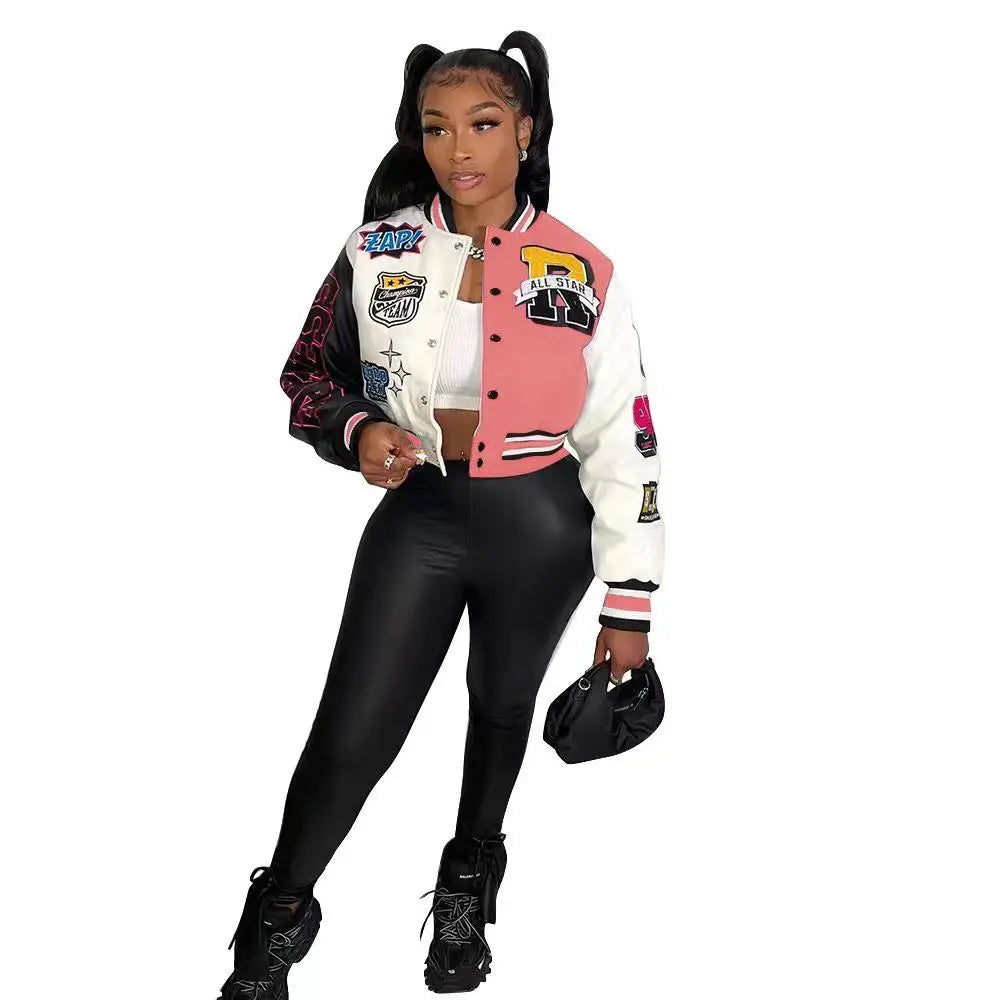 Women Coat Cropped Top Jacket Patchwork Outerwear varsity jacket